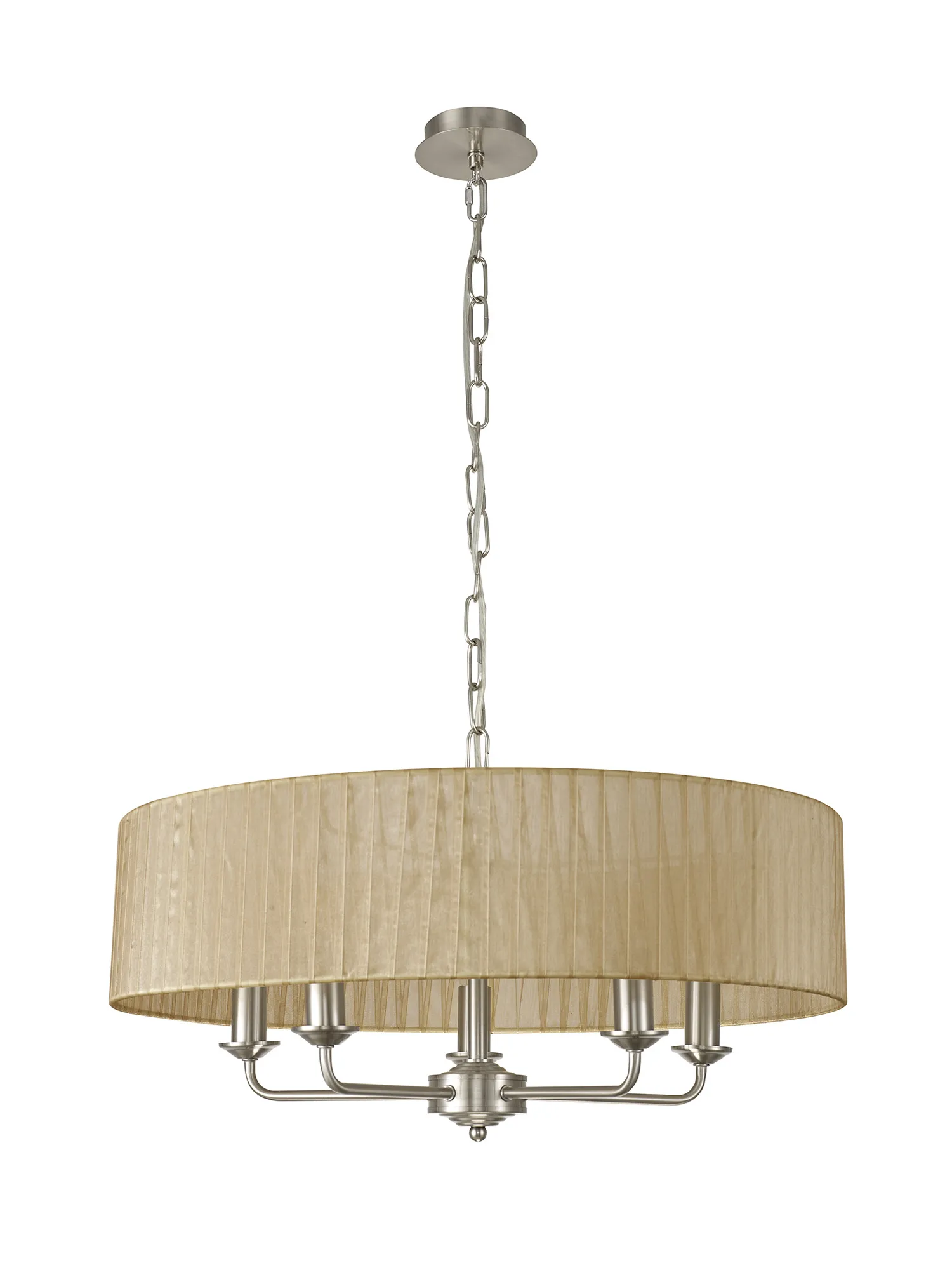 Banyan 5 Light Multi Arm Pendant With 60cm x 15cm Organza Shade Satin Nickel/Soft Bronze DK0878  Deco Banyan SN SB